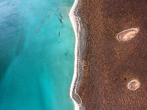 shark bay aerial photograph blue water and red sands and birridas of western Australia 