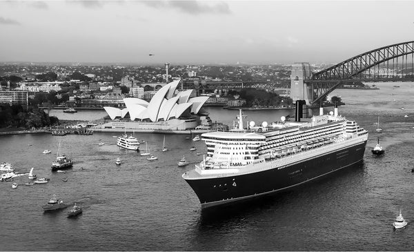 queen Mary 2 arrives in Sydney harbour, aerial photo