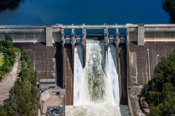 aerial view of Warragamba Dam spilling, nsw, australia